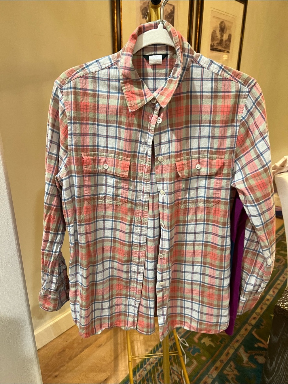 Womens Plaid Button-Up Shirt in Coral and Blue